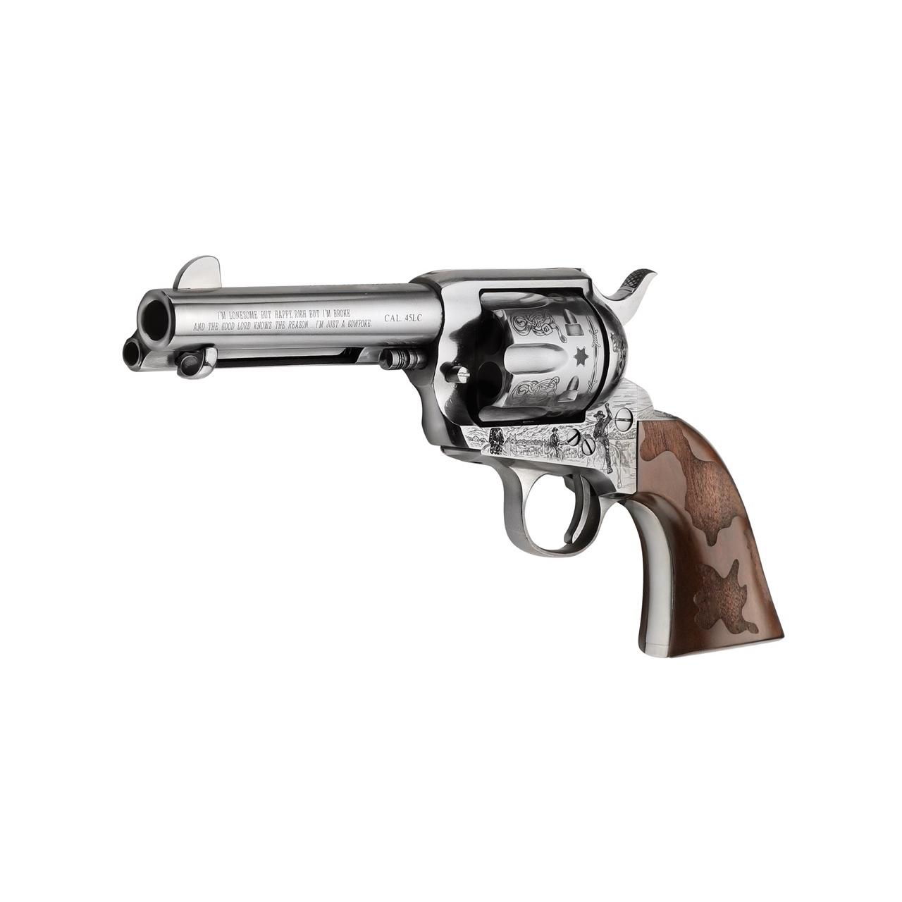 EMF Cowpoke Revolver .45 Colt 6rd Capacity 4.75" Barrel Nickel Finish Engraved Cowhide Walnut Grip