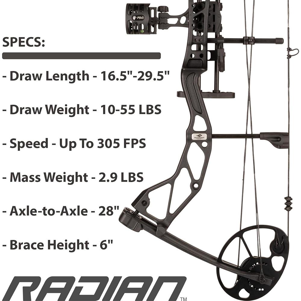 Pure Archery Group Diamond Archery Radian Compound Bow 305 fps 10-55 lbs RH Black with Package