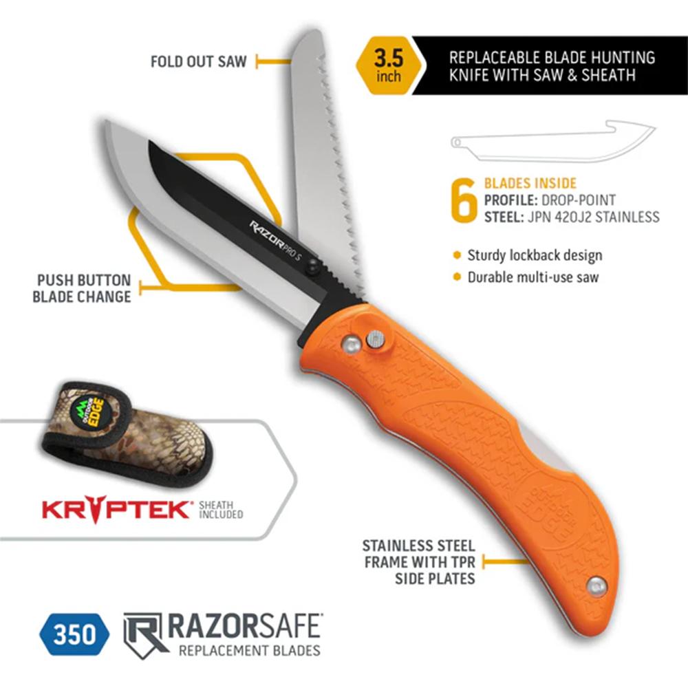 Outdoor Edge RazorPro S Replaceable Blade Folding Knife 3-1/2" Drop Point Blade with Fold Out Saw Orange