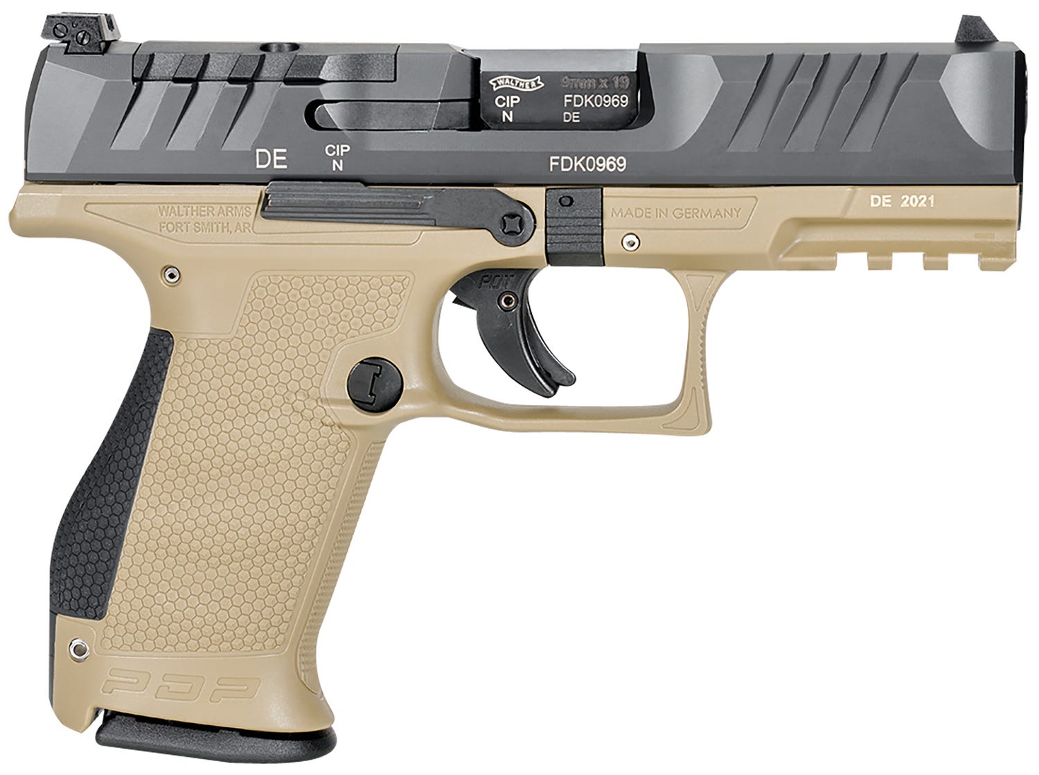 Walther Arms PDP Compact Optic Ready Handgun 9mm Luger 15rd Magazines (2) 4" Barrel Two-Tone Black Slide/Tan Grip