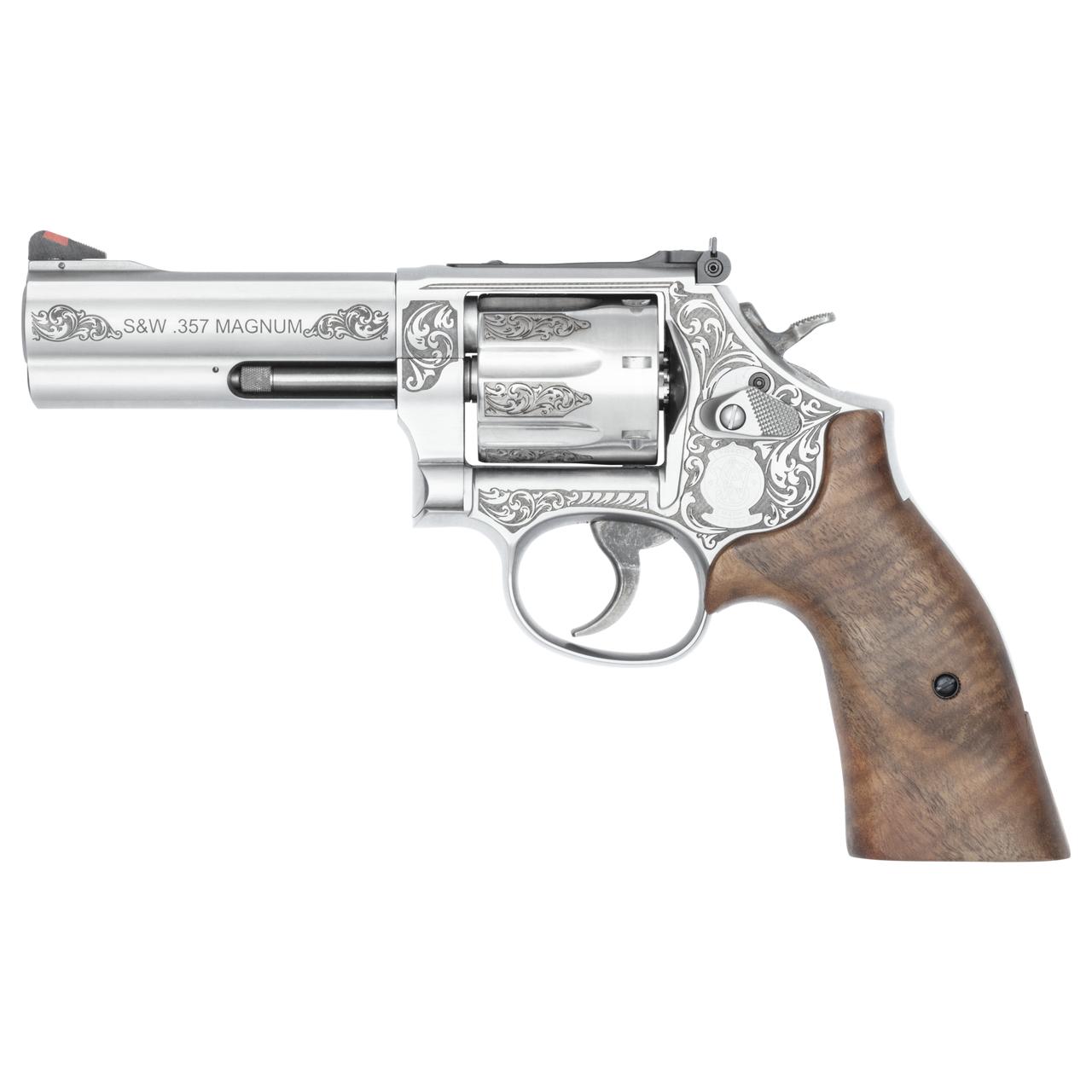 Smith & Wesson Inc. S&W Model 686 Plus Engraved Handgun .357 Mag/38 Spl 7rd Capacity 4.13" Stainless Barrel Walnut Grips