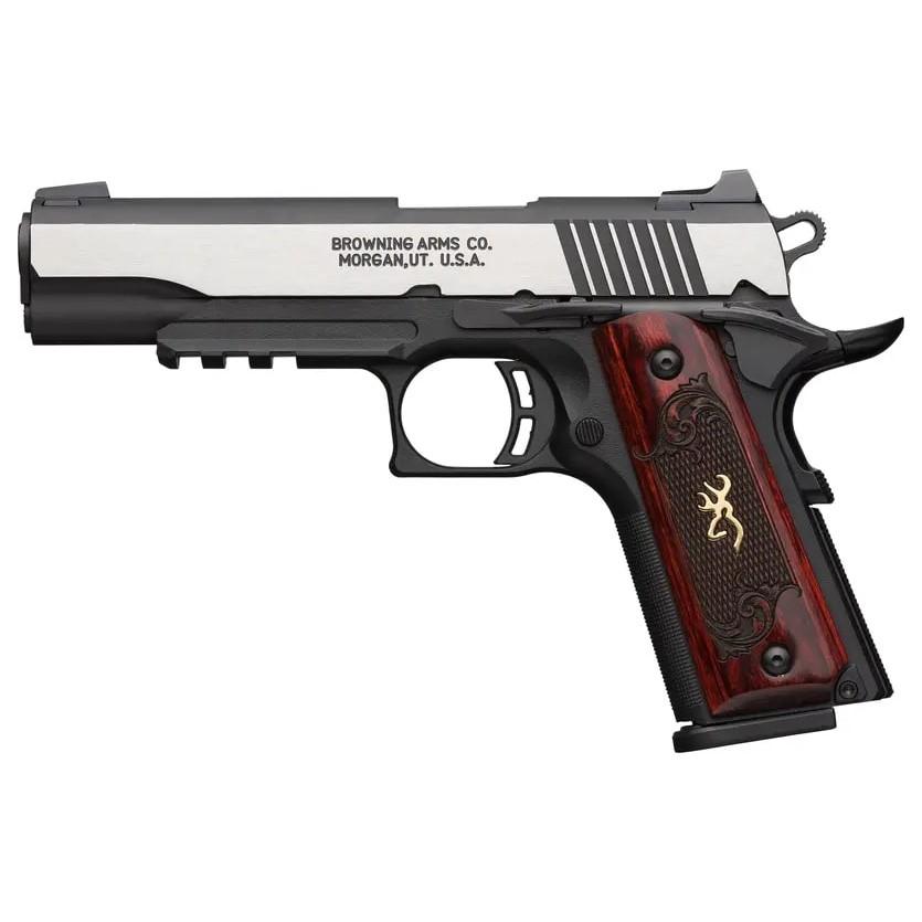 Browning 1911 380 Black Label Medallion Pro Handgun 380 ACP 8rd Magazine 4.25" Barrel Black with Silver Slide and Wood Grip 3-Dot Sights Accessory Rail
