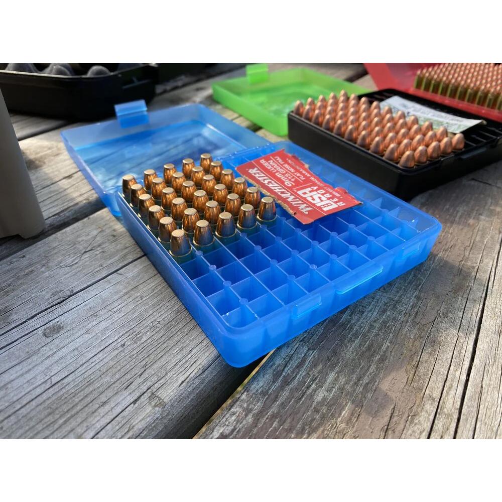 MTM Flip Top Ammo Box for 9mm Luger/.380 ACP 100rd Clear Blue