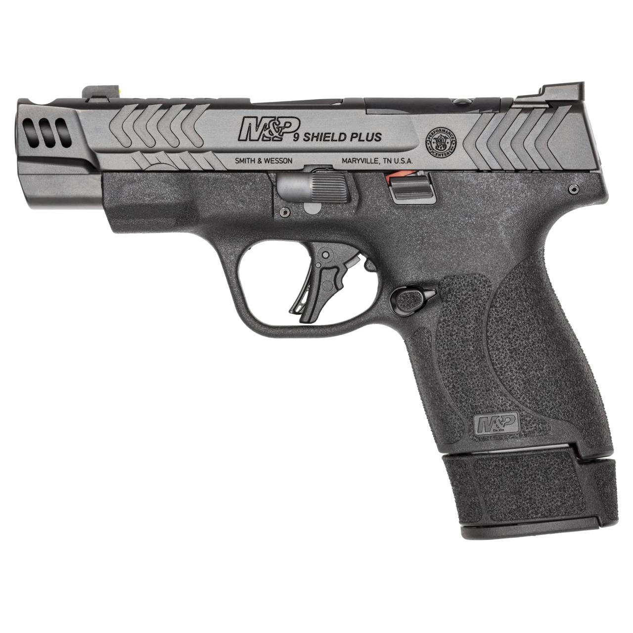 Smith & Wesson Inc. S&W PC M&P 9 Shield Plus Carry Comp Handgun 9mm Luger 10/13/15rd Magazines 4" Barrel Optic Ready No Thumb Safety