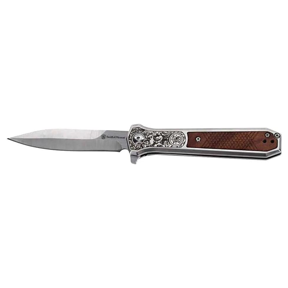 Battenfeld Knives Smith & Wesson KT Unwavered Spring Assist Folding Knife 3-1/5" Dagger Blade Silver with Brown