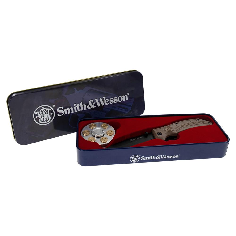 Battenfeld Knives Smith & Wesson Folding Knife and Fidget Spinner Combo 3" Tanto Blade Black Brown