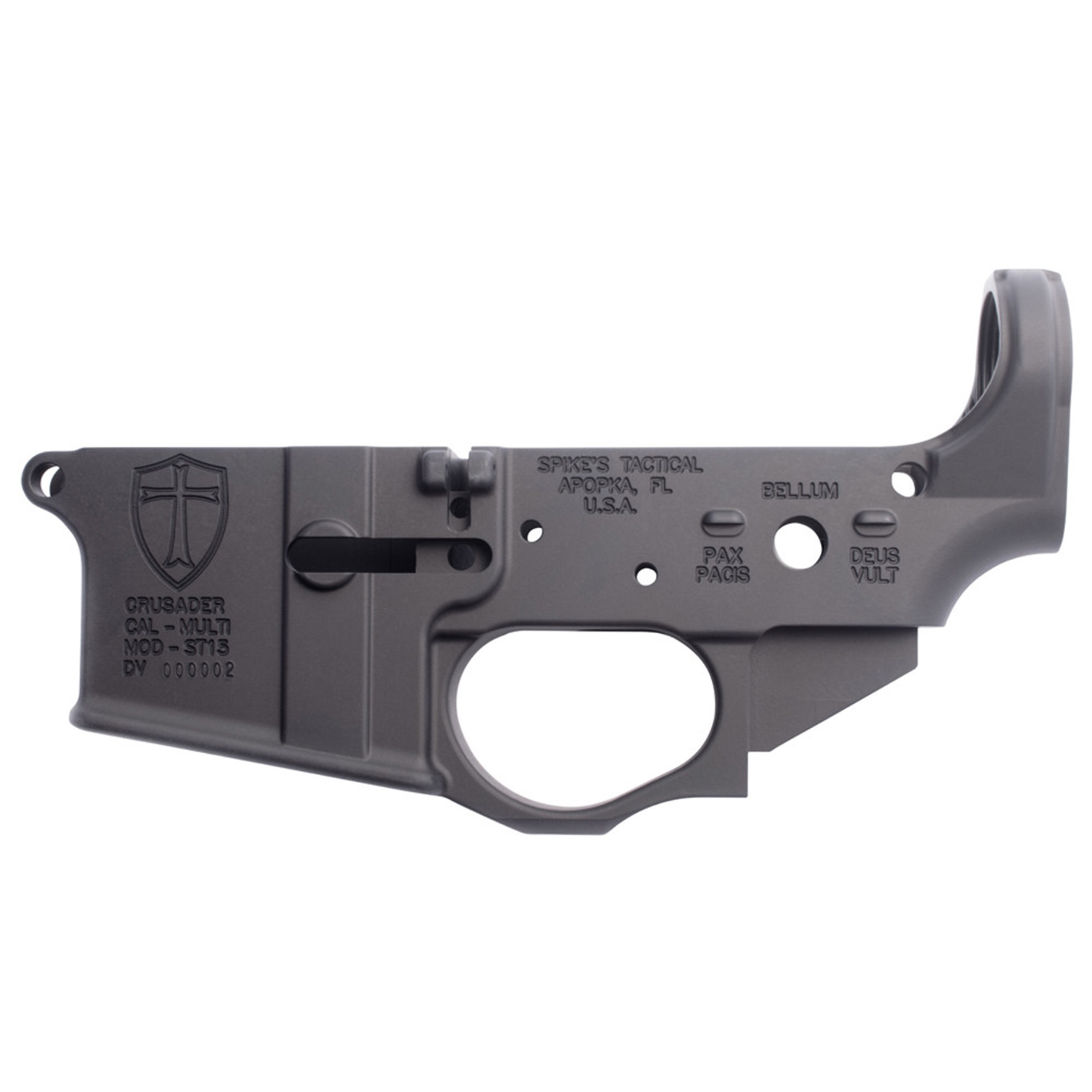 SPIKES TACTICAL STRIPPED LOWER RECEIVER MULTI CAL, CRUSADER LOGO