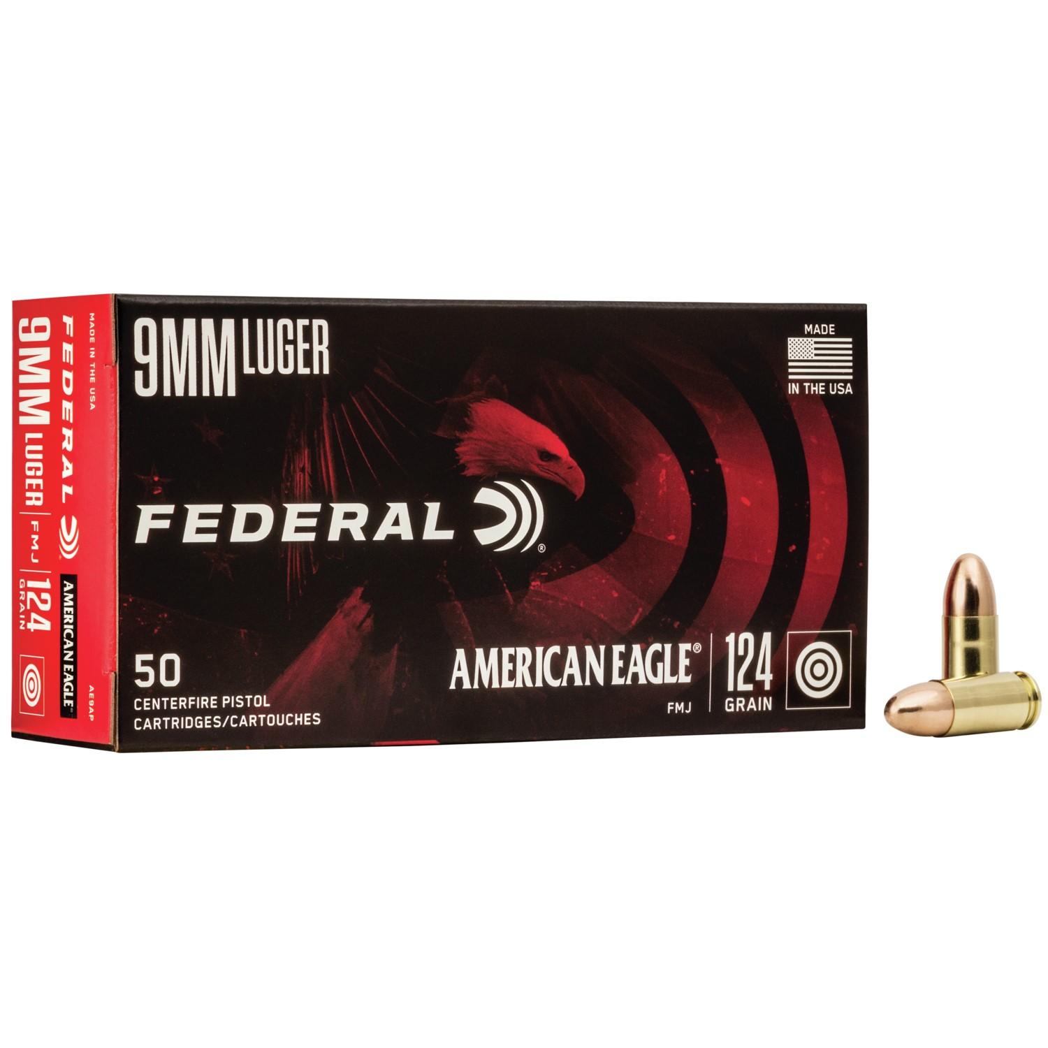 Federal Cartridge Co. American Eagle Handgun Ammunition 9mm Luger 124 gr FMJ 1150 fps 50/ct