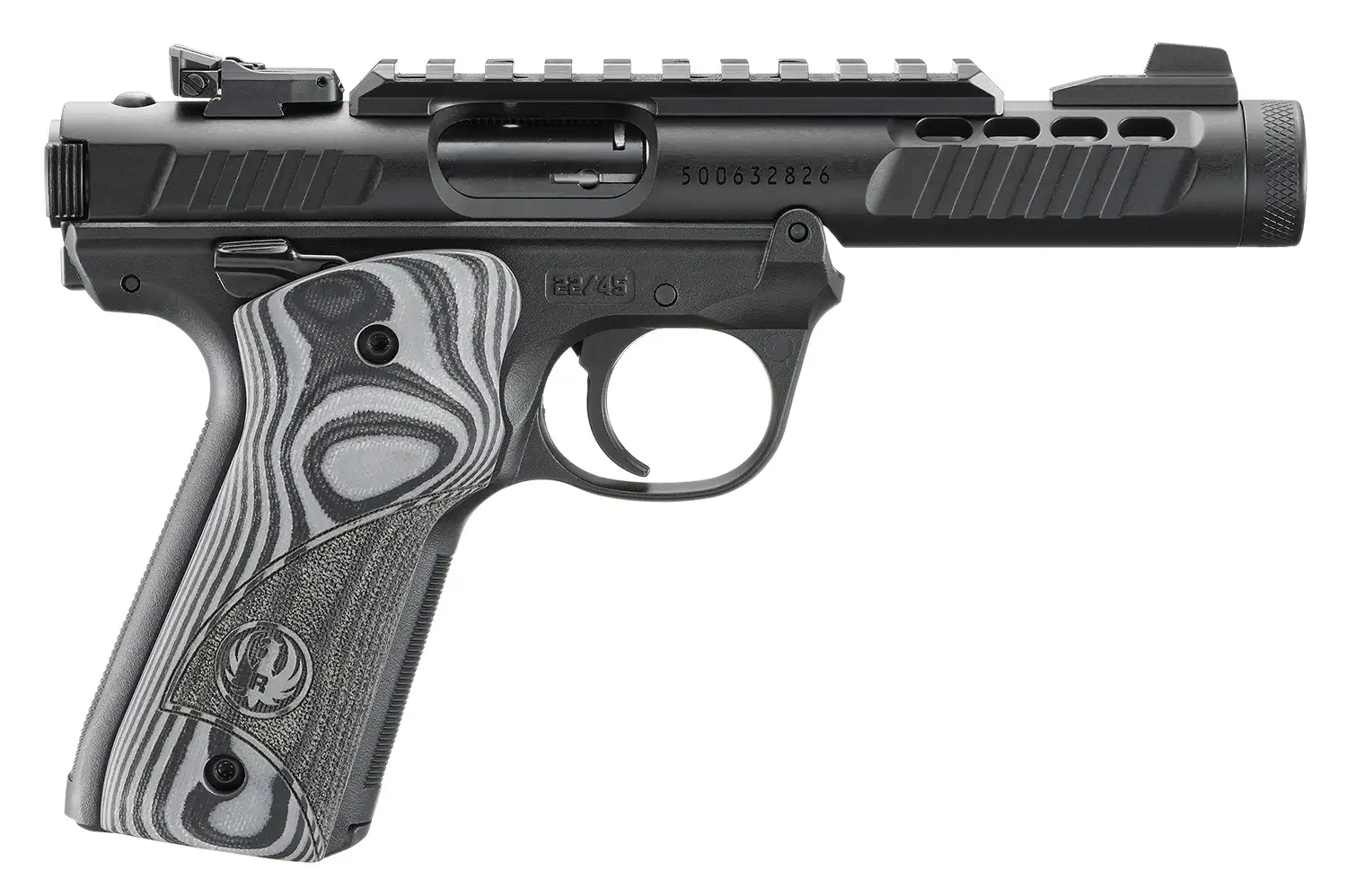 RUGER MRK IV 22/45 LITE 22LR 4.4" NON THREADED BLK ANODIZED, OVERSIZD HOGUE GRIP PLATES 2-10RD MAGS