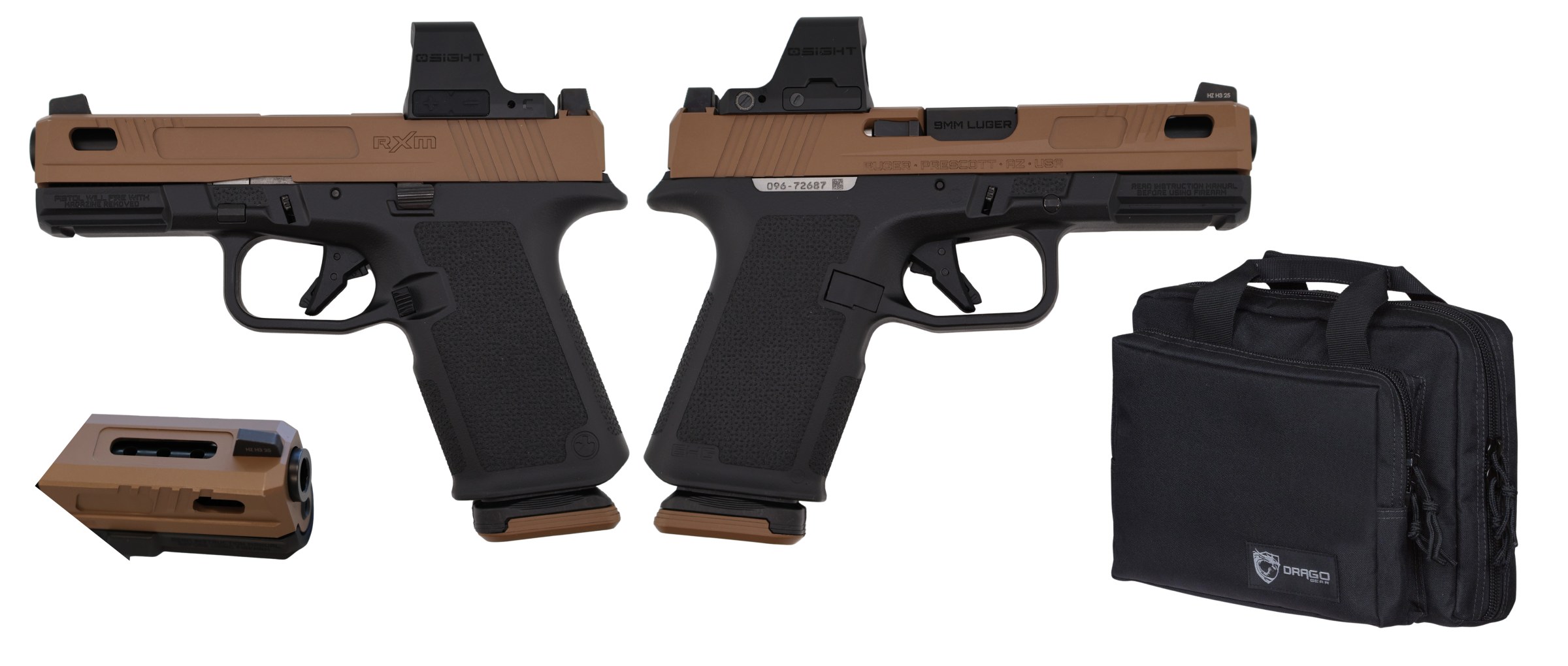 RUGER RXM 9MM PISTOL 4" TACPAC BLACK/TAN, OSIGHT OPTIC, DRAGO BAG, 2-15RD MAGS