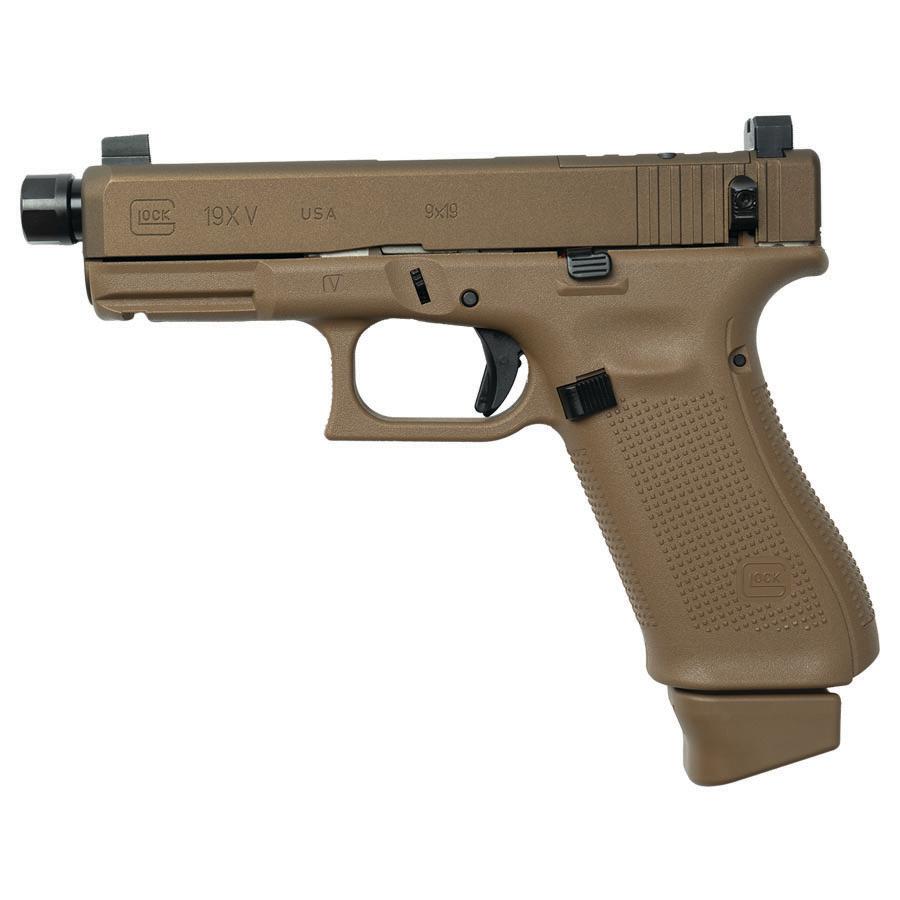 Glock V-Series Model 19x w/HUSH Slide Lock Handgun 9mm Luger 17rd Magazines (3) 4.6" Threaded Barrel Suppressor Sights FDE USA