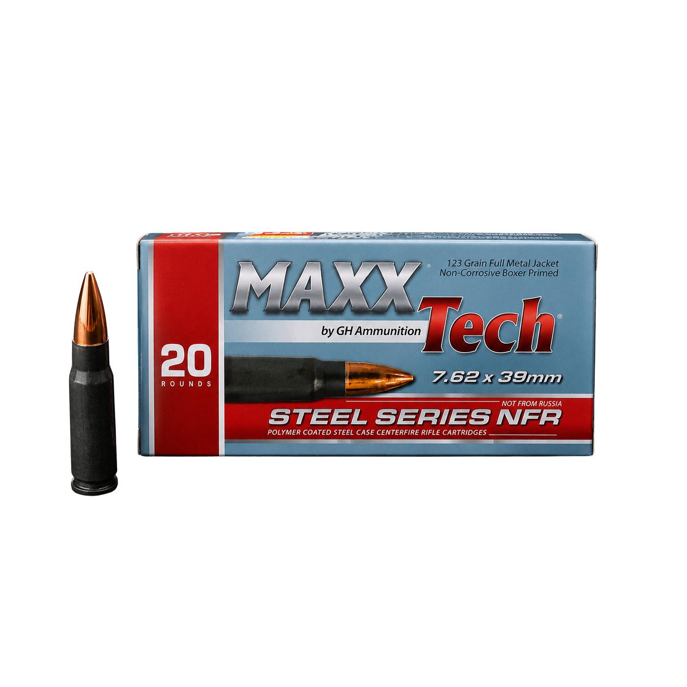 Grasso Holdings Inc. / Tulammo Maxxtech NFR Steel Case Rifle Ammunition 7.62x39mm 123gr FMJ 2330 fps 20/ct