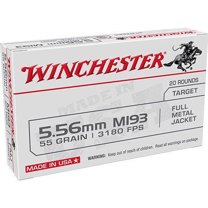 Winchester M193 Target Rifle Ammunition 5.56X45 NATO 55 gr. FMJ 3180 fps 20/ct