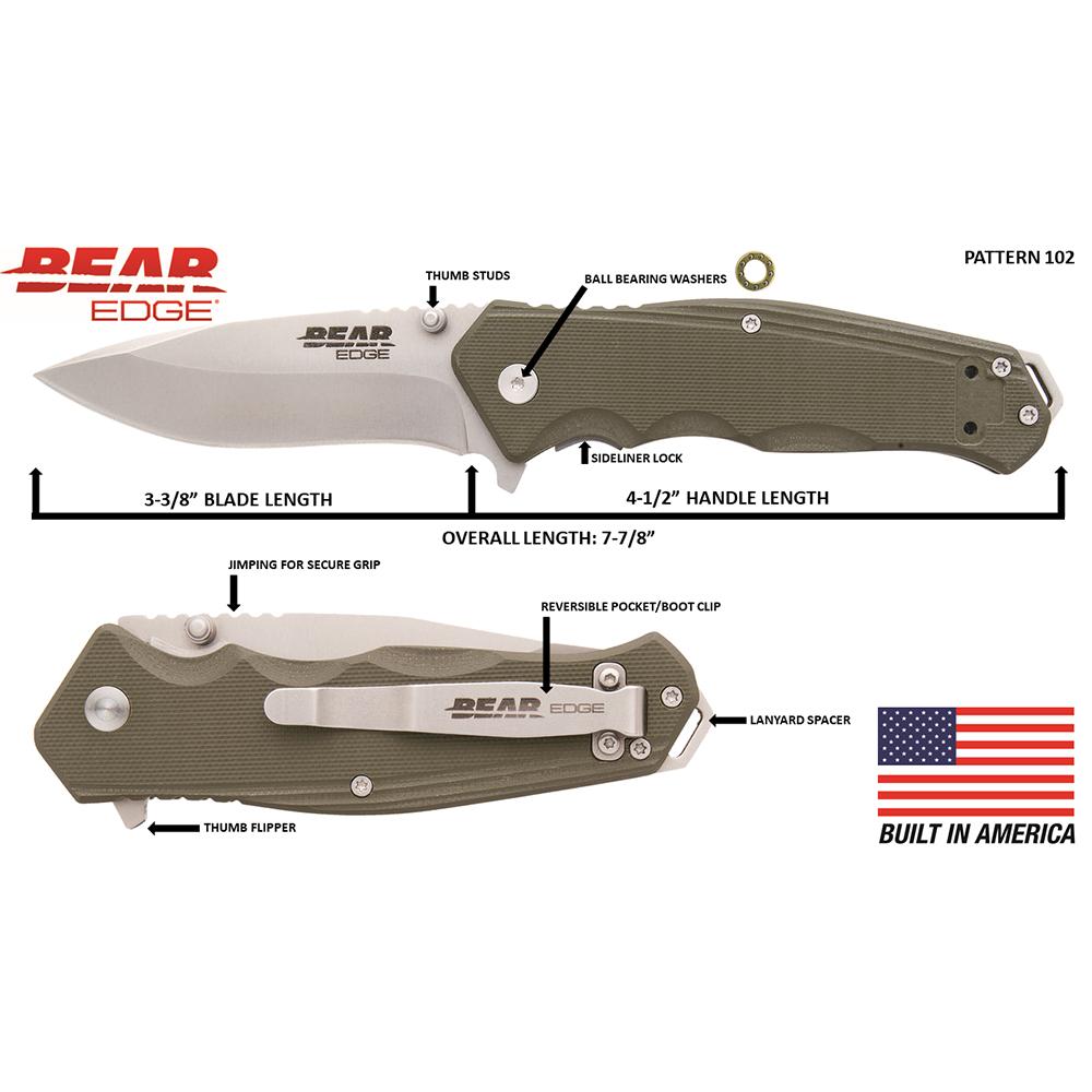 Bear & Son G10 Sideliner Folding Knife 3-3/8" Drop Point Blade OD Green with Trigger Boxed