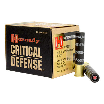 Hornady 410 Critical Defense Shotgun Ammunition .410 ga 2 1/2" 1 slug 2 balls Slug #000 750 fps 20/rd