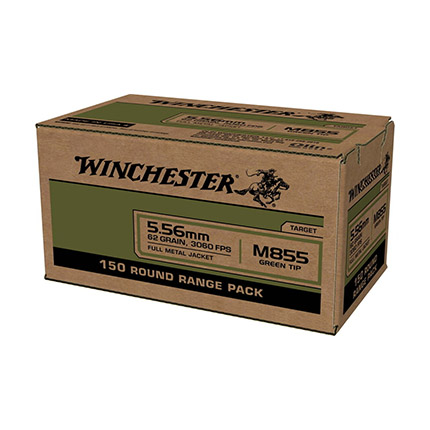 Winchester USA Lake City M855 Green Tip Rifle Ammunition 5.56X45 NATO 62 gr. FMJ 1255 fps 150/ct