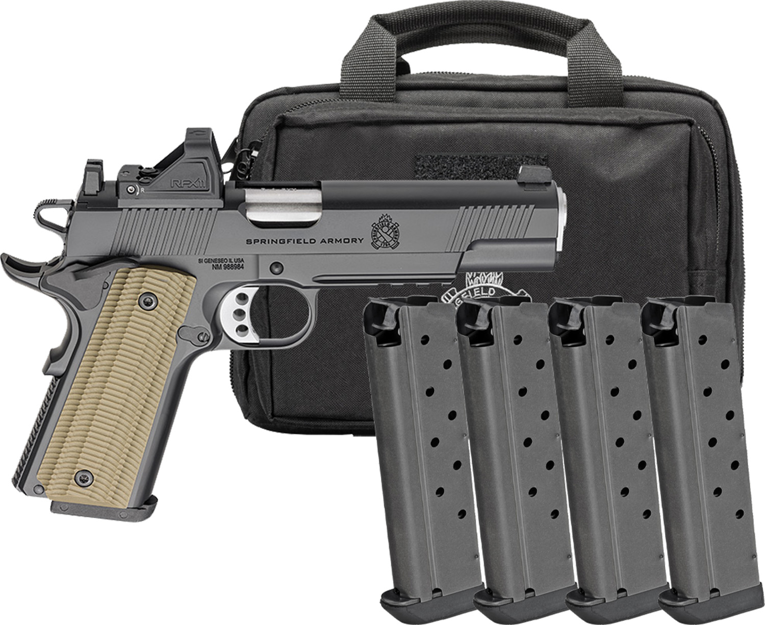Springfield Gear Pac 1911 Operator AOS Handgun 9mm Luger 9rd Magazines(4) 5" Barrel Green Dot & Bag