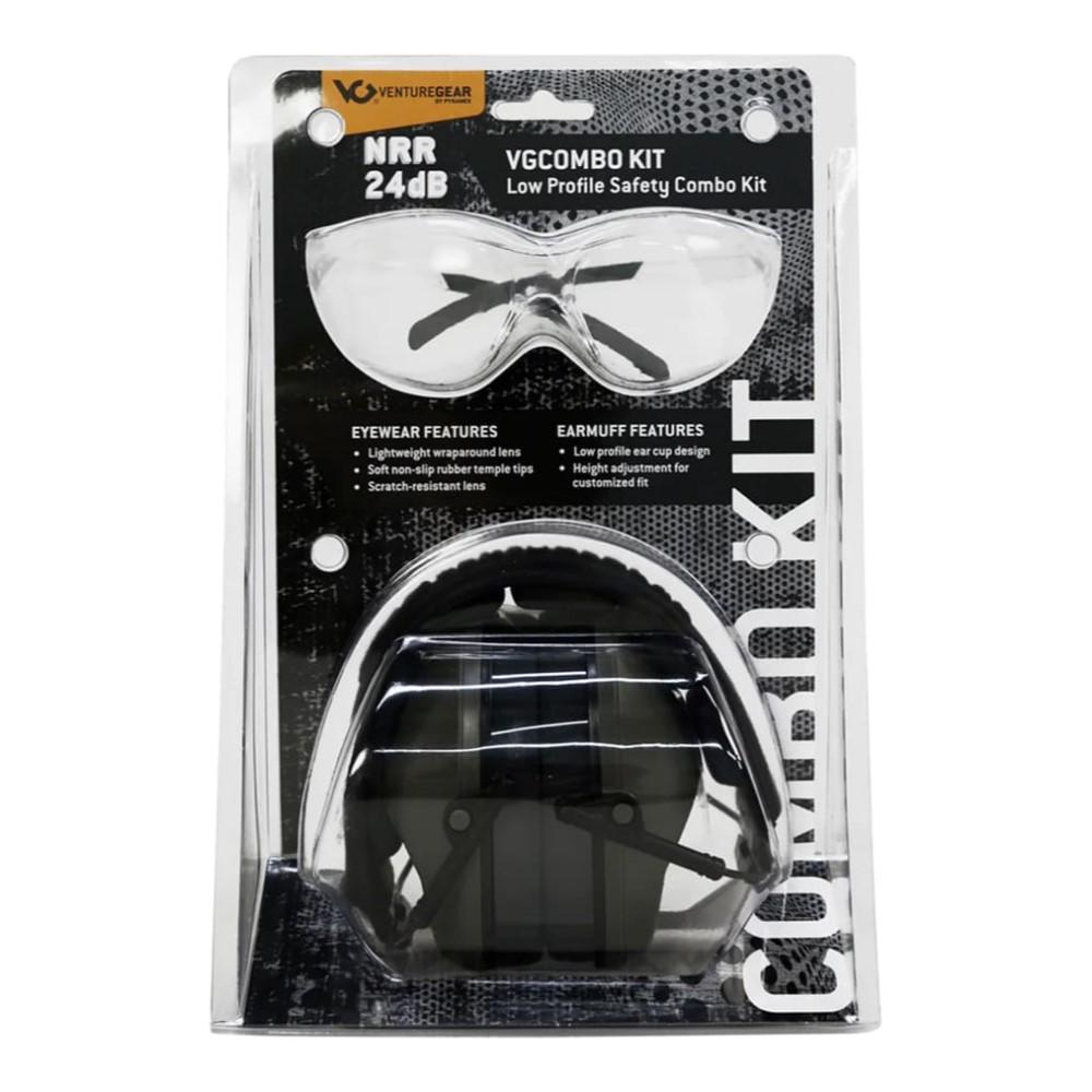Pyramex Low Profile Combo Kit Passive Black Ear Muff 24dB Clear Shooting Glasses Clear with Clear Lens