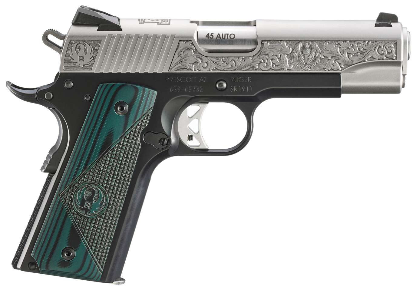 Sturm Ruger & Co Ruger SR1911 "271 Cardwell Rd." Street Edition Handgun 45 Auto 7rd Magazines(2) 4.25" Barrel Engraved Frame G10 Grips