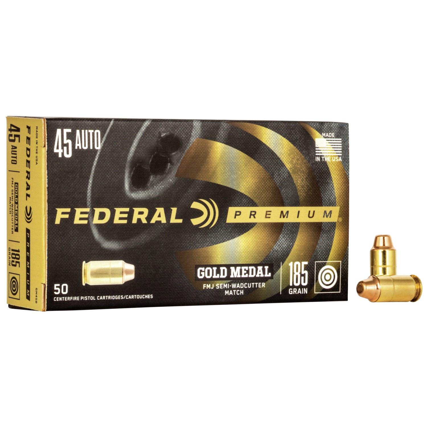 Federal Premium Gold Medal Handgun Ammunition .45 ACP 185gr FMJ 770 fps 50/ct