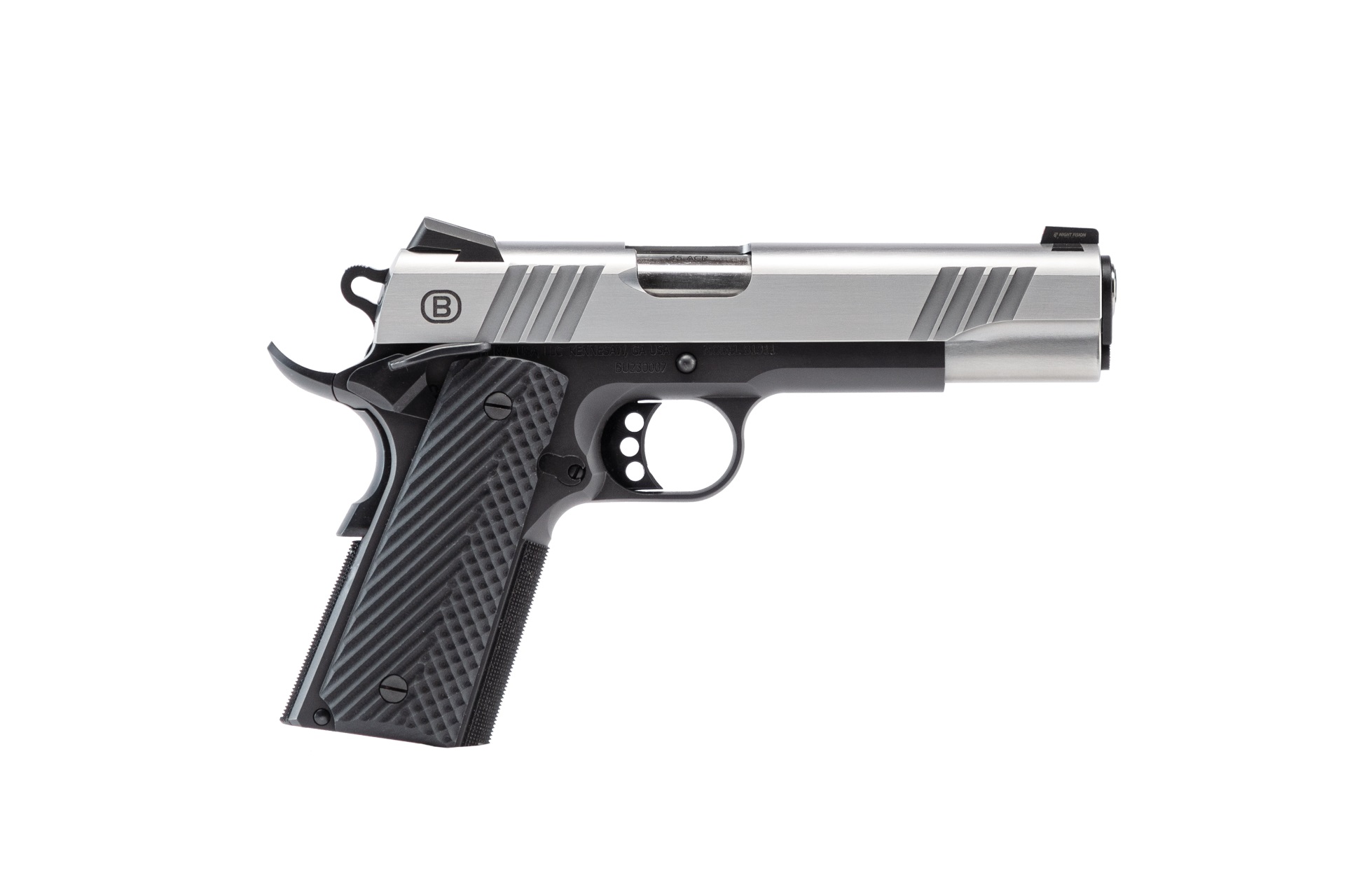 Bersa B1911 Handgun .45 ACP 8rd Magazine 5" Barrel Stainless Steel and Black with VZ Grips Night Sight