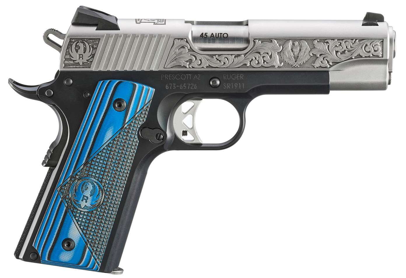 Sturm Ruger & Co Ruger SR1911 "411 Sunapee St." Street Edition Handgun 45 Auto 7rd Magazines(2) 4.25" Barrel Engraved Frame G10 Grips