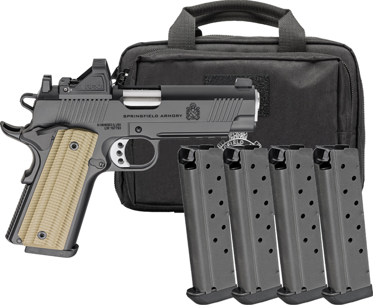Springfield Gear Pac 1911 Operator AOS Handgun 9mm Luger 9rd Magazines(4) 4.25" Barrel Green Dot & Bag