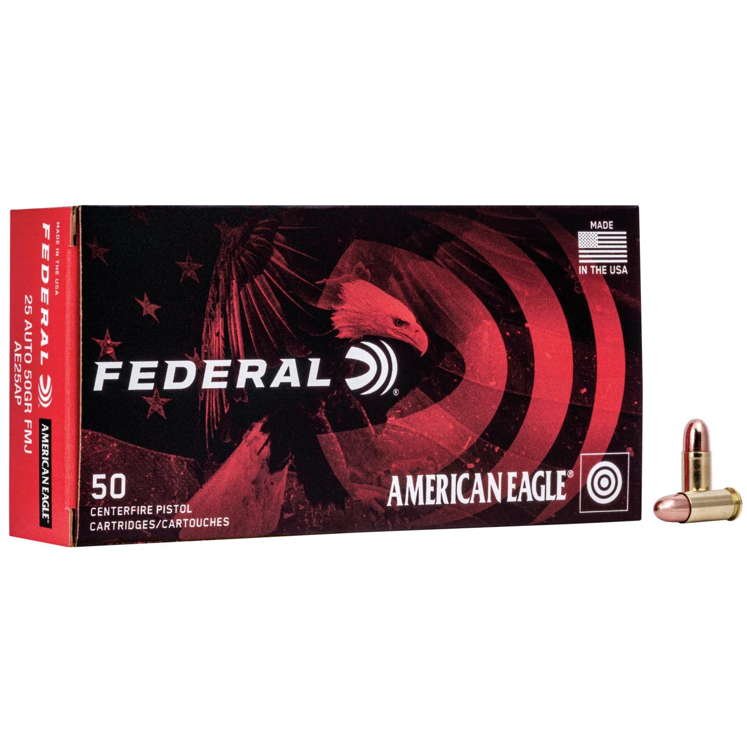 Federal Cartridge Co. American Eagle Handgun Ammunition .25 ACP 50 gr FMJ 760 fps 50/rd