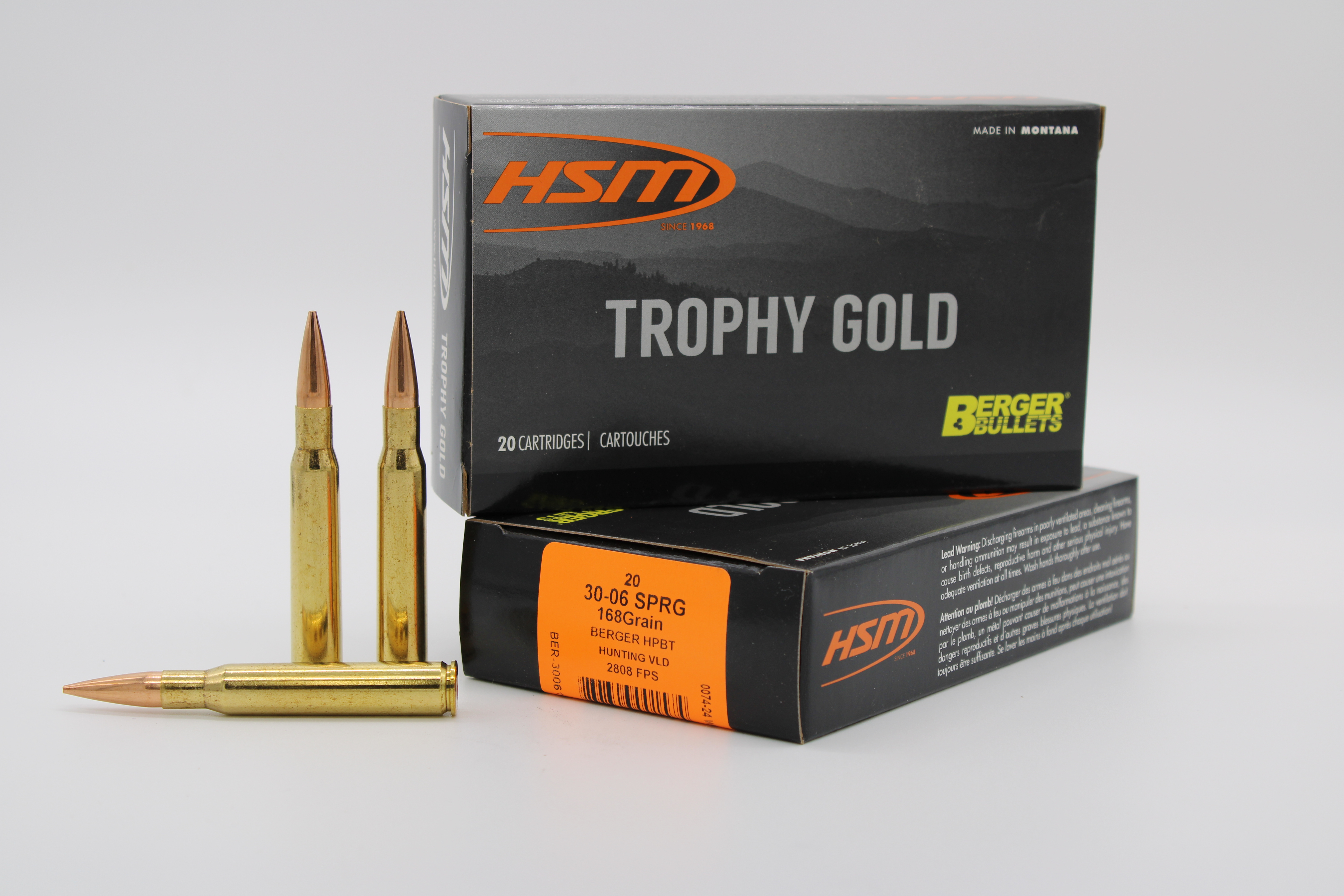 HSM AMMUNITION 30-06 SPRG 168GR BERGER HNT 20RD BOX 20 BOXES PER CASE