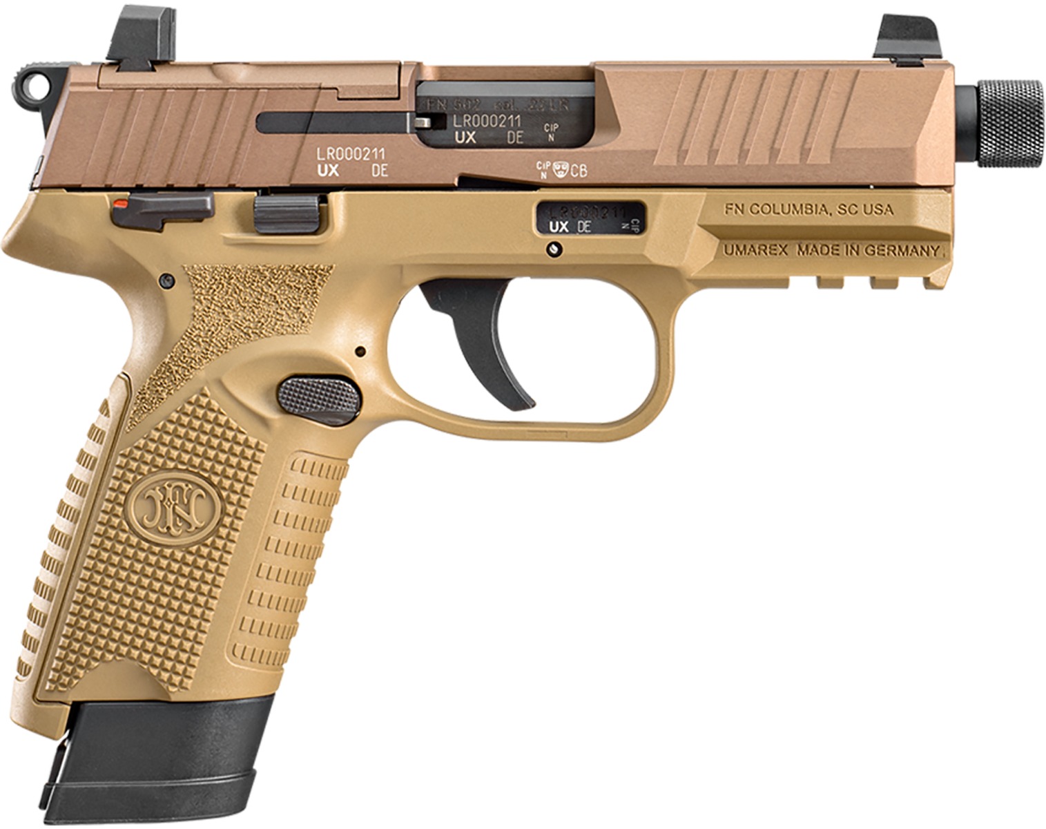 FN USA 502 Tactical Handgun .22 LR 10rd & 15rd Magazines (2) 4.6" Threaded Barrel FDE