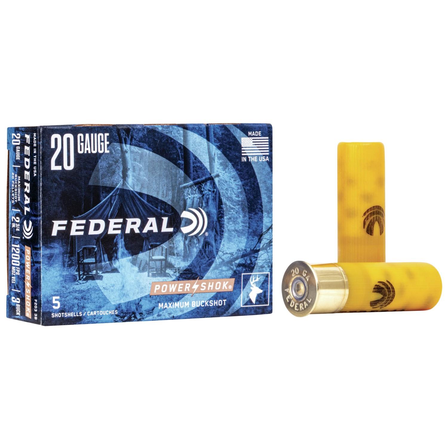 Federal Power-Shok Buckshot Shotshells 20ga 2 3/4" 20 plts #3B 1200 fps 5/ct