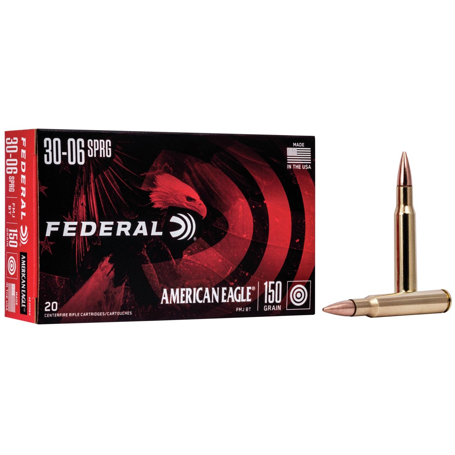 Federal American Eagle Rifle Ammunition .30-06 Sprg 150 gr FMJBT 2910 fps 20/ct