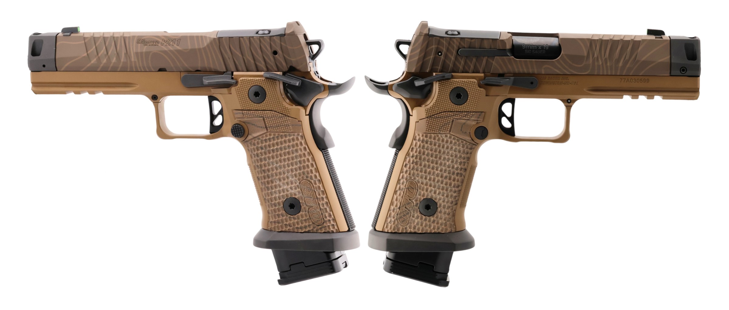 SIG SAUER P211 COMBAT COYOTE TOPO 9MM PISTOL 4.4" MACH3D COMP, G10 GRIP, 1-23RD 2-21RD MAGS