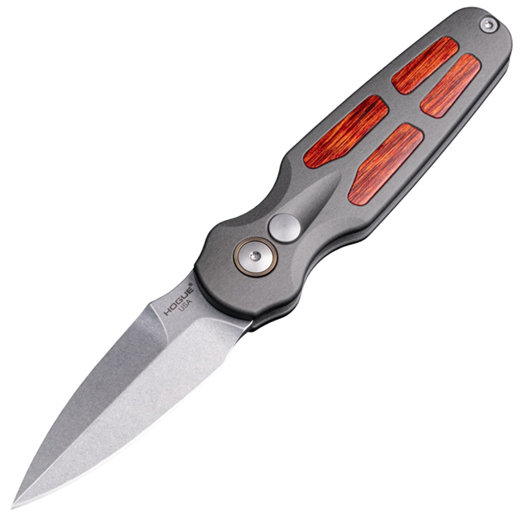 Hogue Ballista II Automatic Folder Knife 2-3/5 Spear Point Blade Grey with Cocobolo Inserts