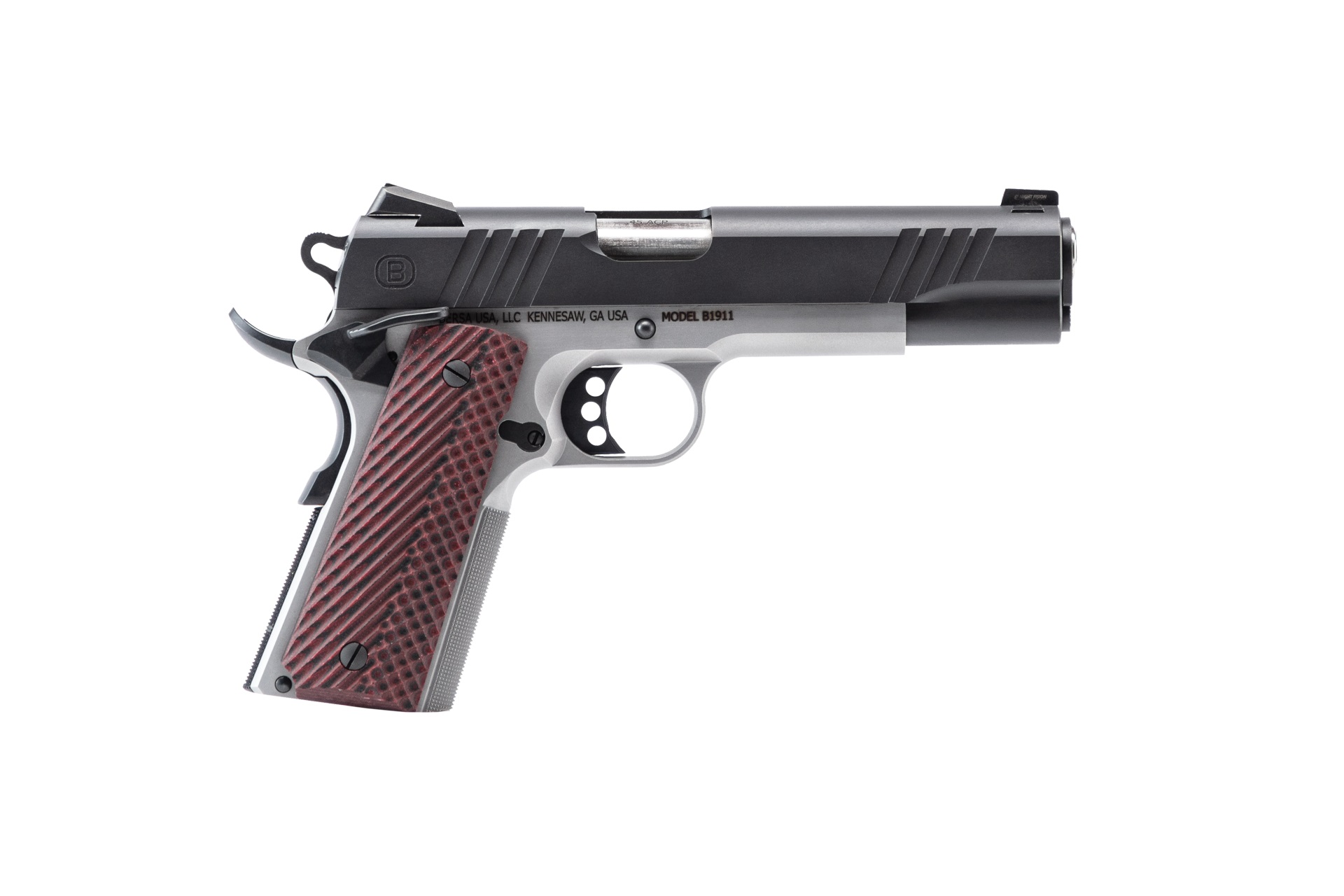 Bersa B1911 Handgun .45 ACP 8rd Magazine 5" Barrel Black and Stainless Steel with VZ Grips Night Sight