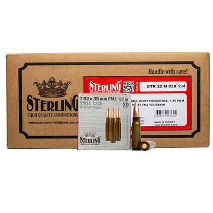Global Ordnance Sterling Steel Case Rifle Ammunition 7.62x39mm 123gr FMJ 2362 fps 20/ct