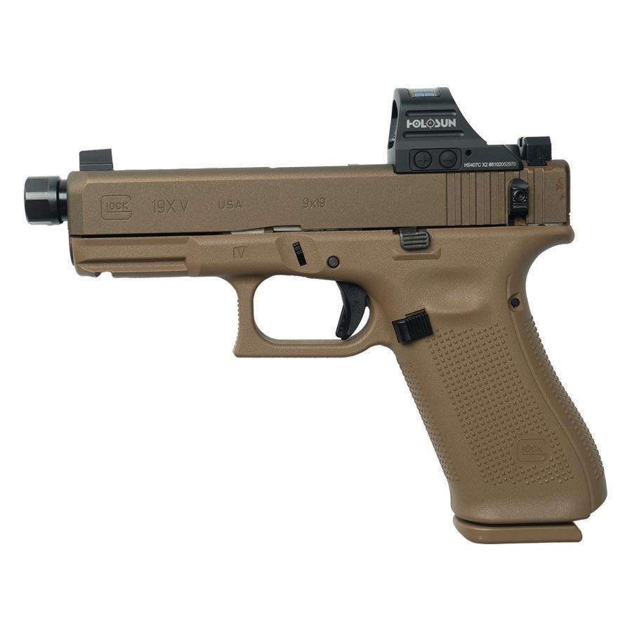 Glock V-Series Model 19x w/HUSH Slide Lock Handgun 9mm Luger 17rd Magazines (3) 4.6" Threaded Barrel Holosun 407C FDE USA