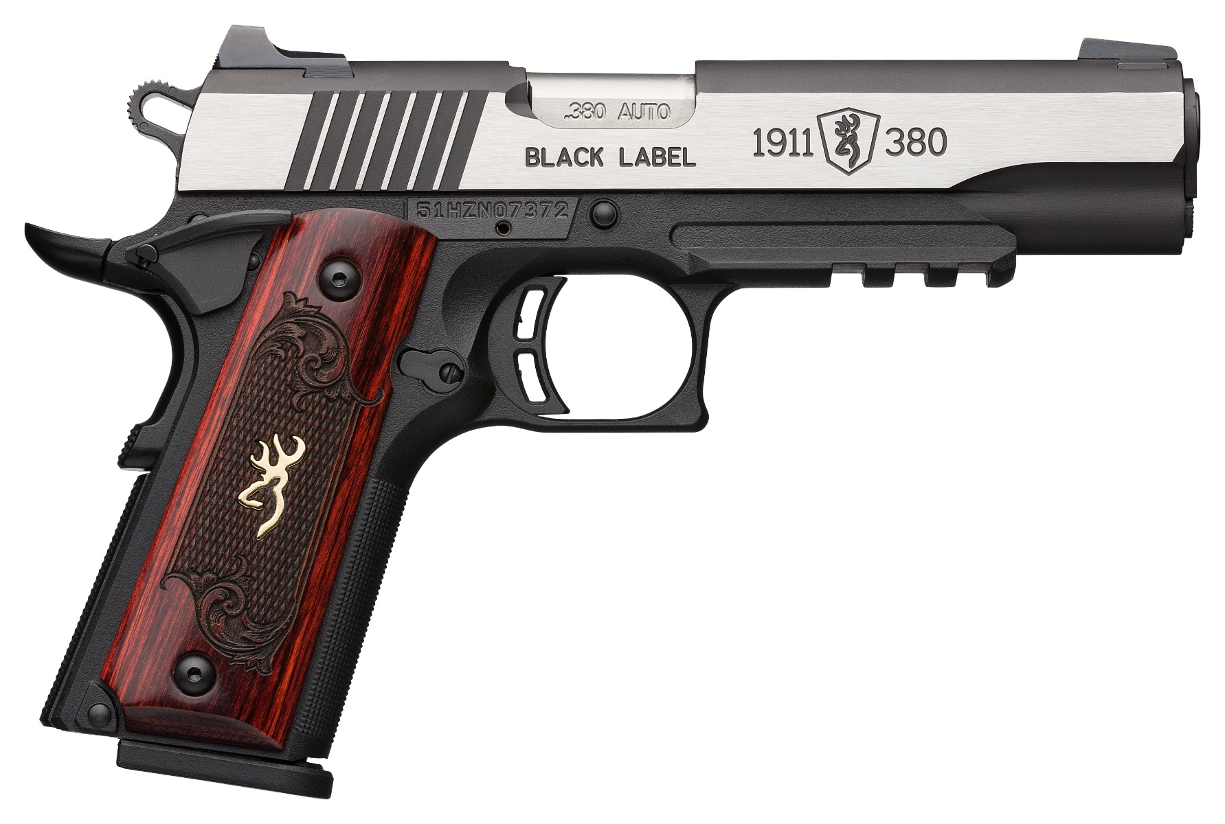 Browning 1911 380 Black Label Medallion Pro Handgun 380 ACP 8rd Magazine 4.25" Barrel Black with Silver Slide and Wood Grip Night Sights Accessory Rail