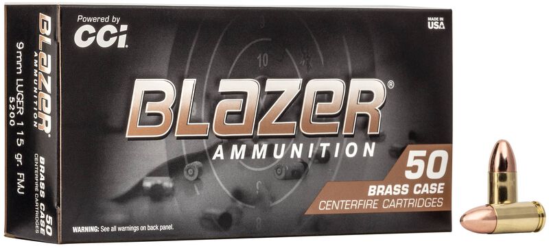 CCI Blazer Brass Handgun Ammunition 9mm Luger 115 gr. FMJ 1145 fps 50/ct