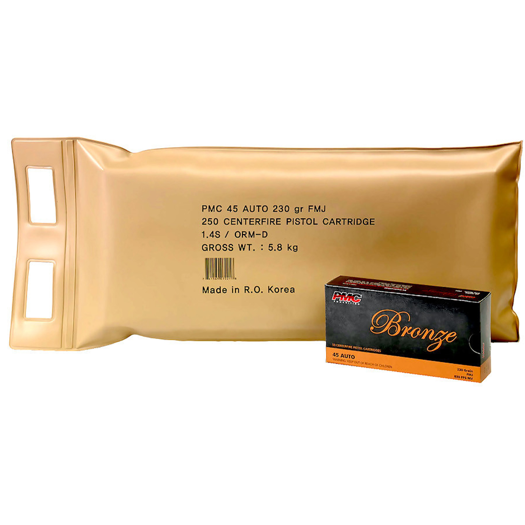 PMC Bronze Handgun Ammunition Battle Pack .45 ACP 230 gr FMJ 830 fps 250/ct (5-50/ct)