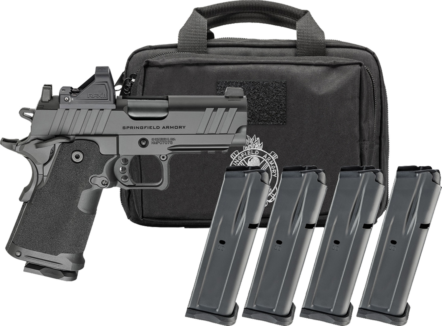 Springfield Armory Gear Pac 1911 DS Prodigy Compact Handgun 9mm Luger 15rd Magazines (4) 3.5" Barrel Black Viridian Green Dot Bag