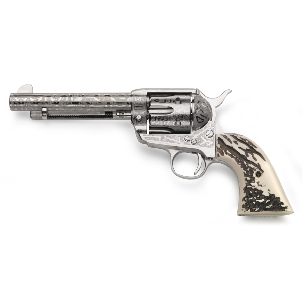 Taylors & Company 1873 Cattlebrand Engraved Stag Handgun .45 Colt 6rd Capacity 5.5" Barrel Engraved Silver with White