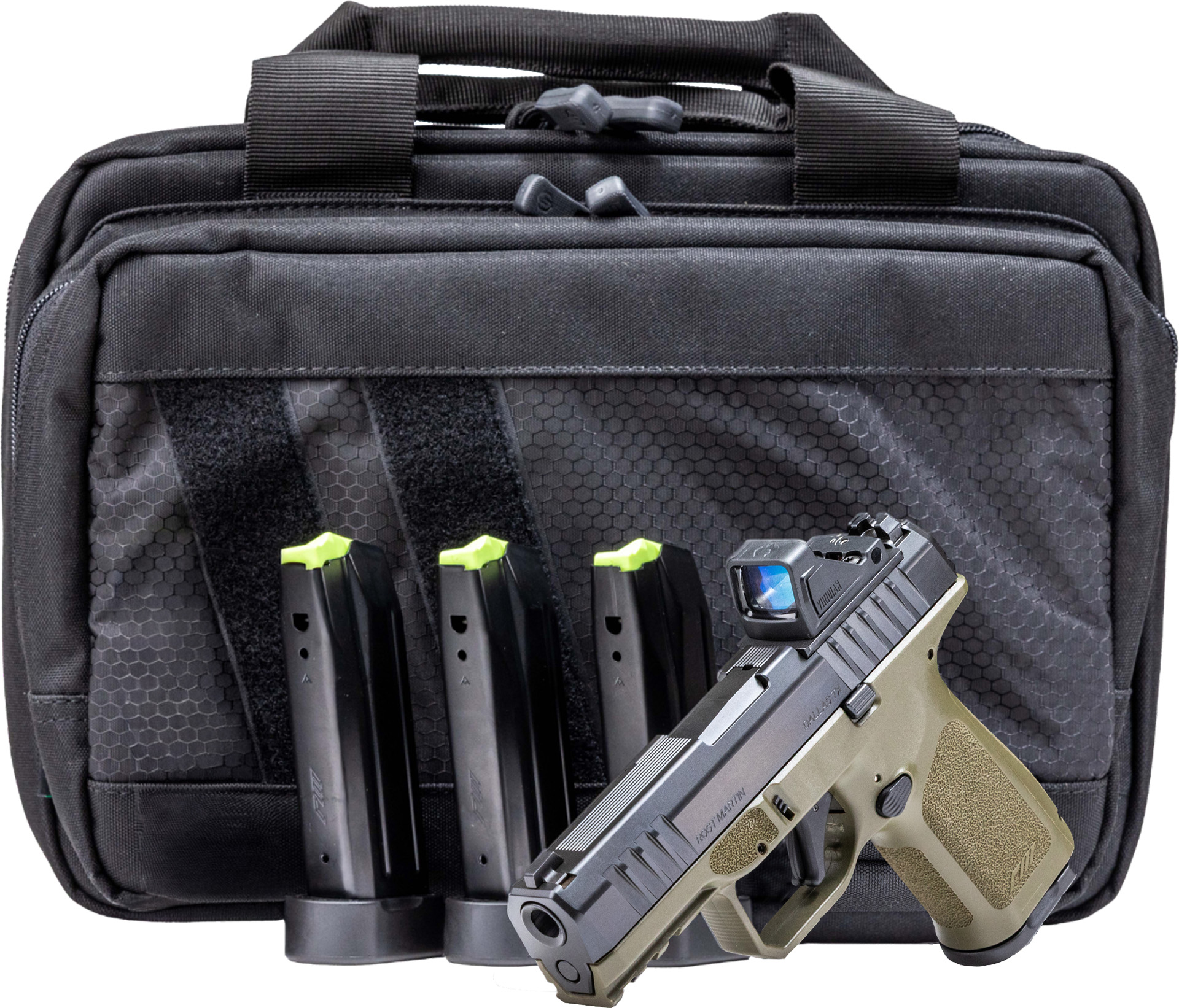 Rost Martin RM1C Handgun Bundle 9mm Luger 15rd (1) & 17rd (3) Magazines 4" Barrel OD Green Viridian Red Dot Pistol Case