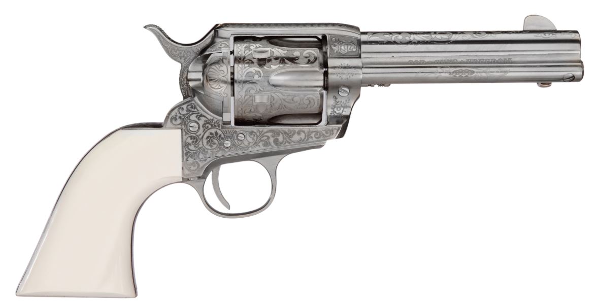 Taylors & Company 1873 Outlaw Legacy Handgun .45 Colt 6rd Capacity 4.75" Barrel Engraved Nickel with White
