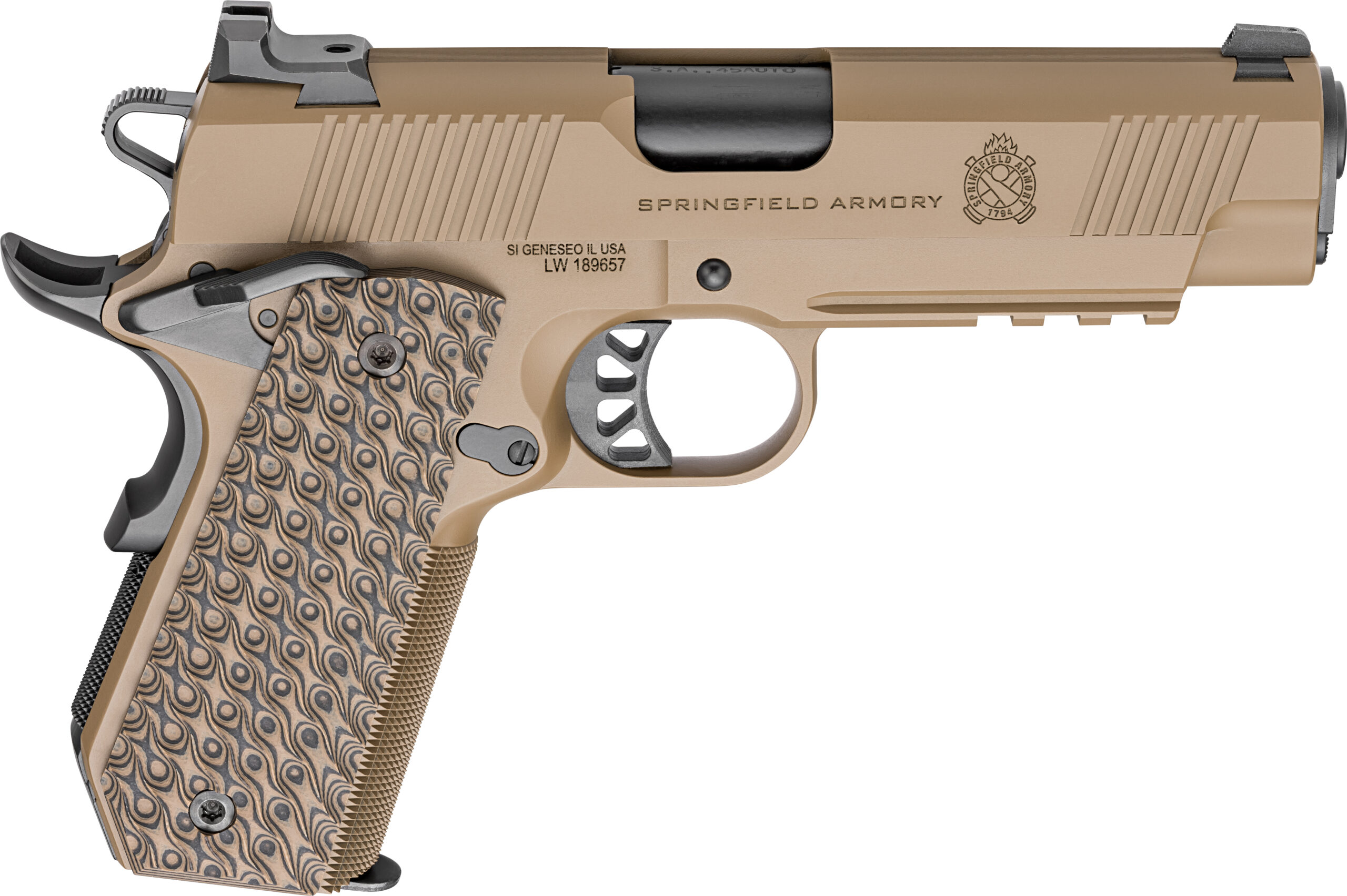 SPRINGFIELD dSPRINGFIELD ARMORY TRP 1911 FDE 4.25" 45ACP W/ CARRY CUT & RAIL 2-8RD