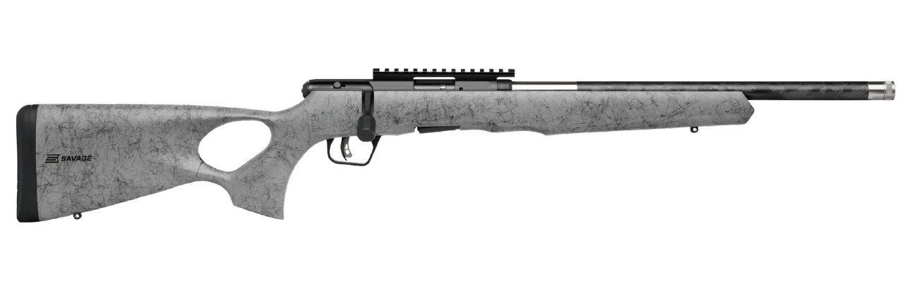 Savage B22 Magnum Timberlite Thumbhole Rifle .22 WMR 10rd Magazine 18" 1/2x28 Threaded Barrel Grey with Black Spiderweb