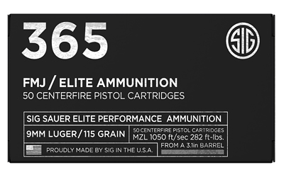 Sig Elite Performance 365 Handgun Ammunition 9mm Luger 115gr FMJ 1050 fps 50/ct
