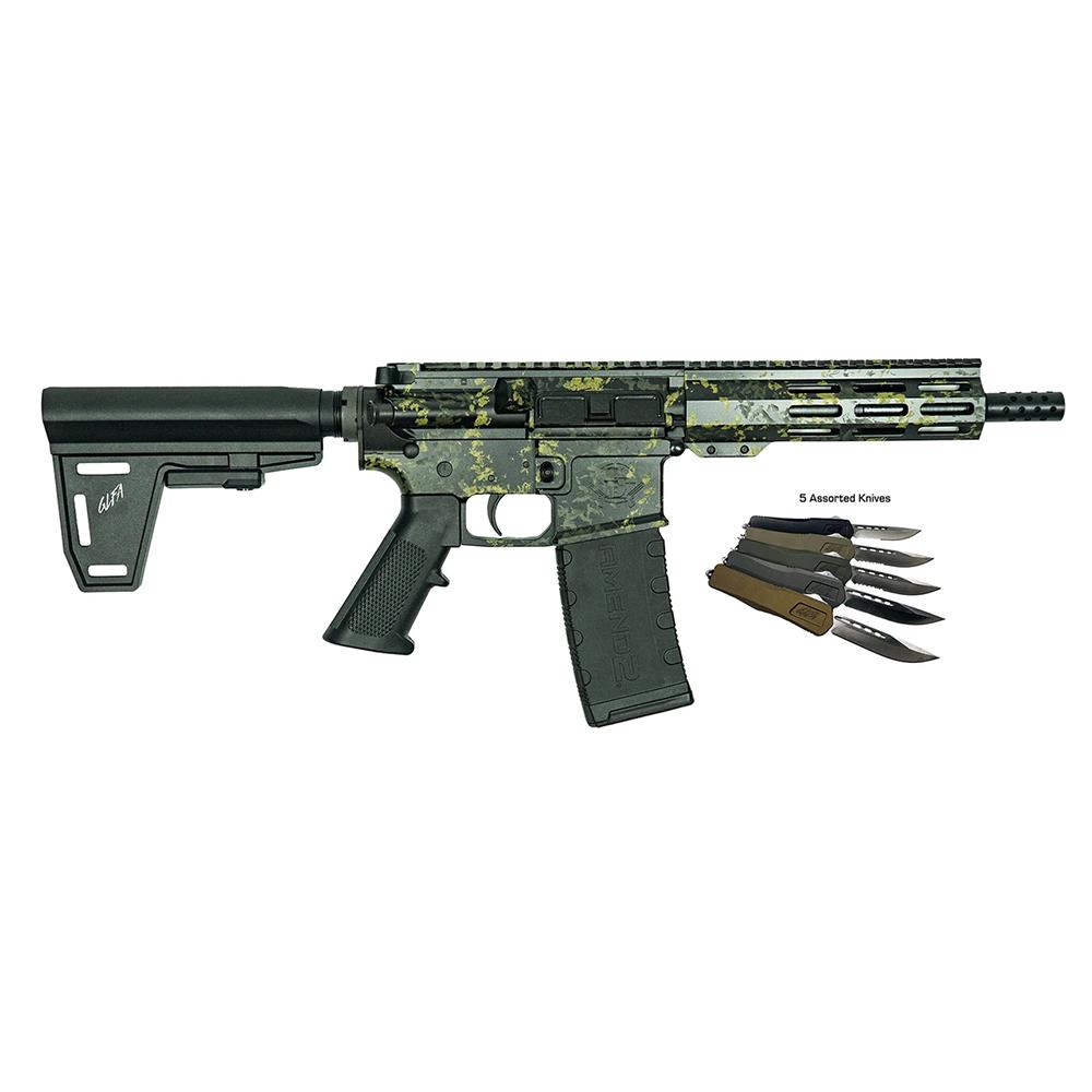 10 Ring Great Lakes AR-15 Pistol .223 Wylde 30rd Magazine 7" Barrel Lichen Black with 5 OTF 3-1/2" Blade Knives
