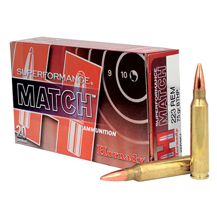 Hornady Superformance Match Rifle Ammunition .223 Rem 75 gr BTHP 2930 fps 20/ ct