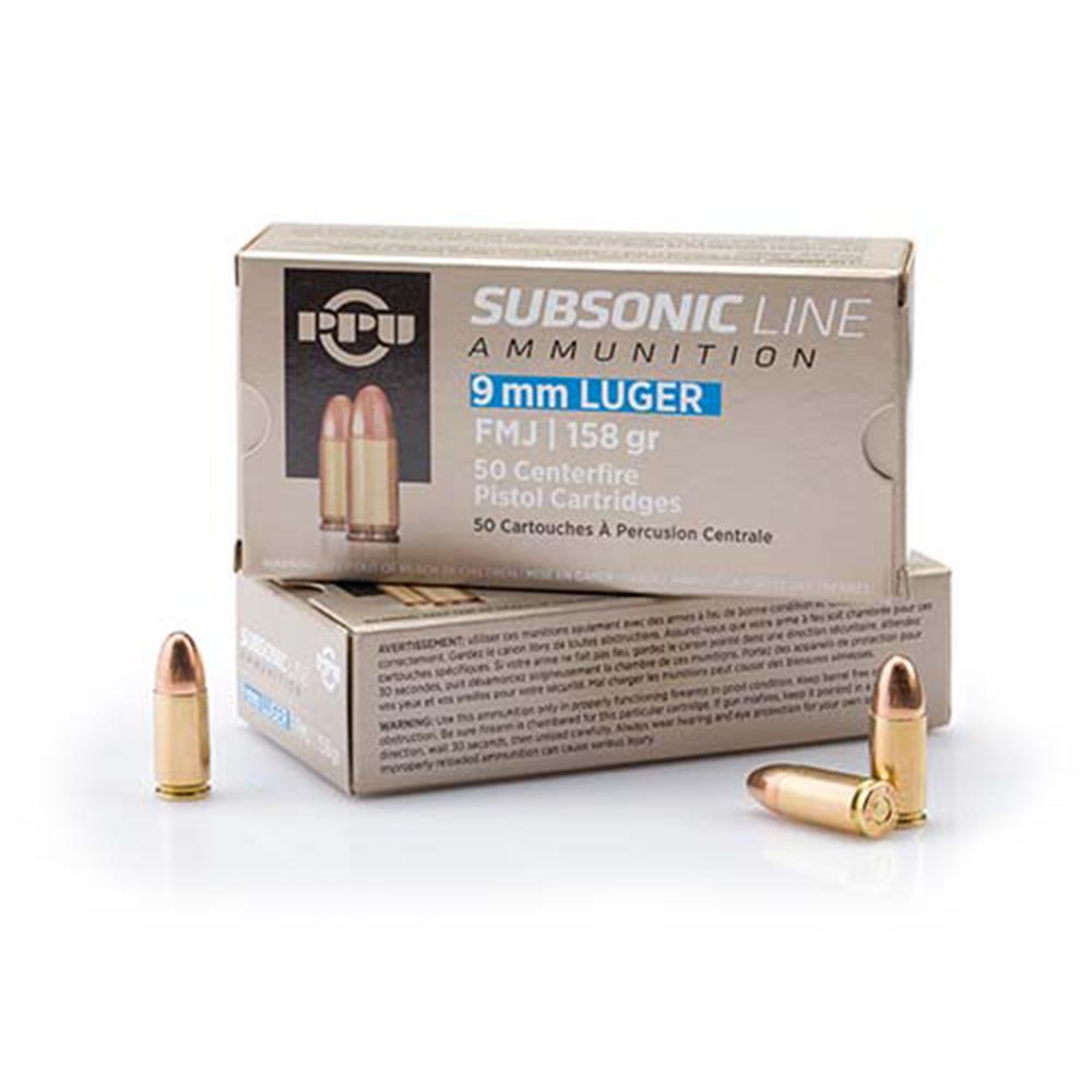 TRZ Trading Inc. PPU Subsonic Handgun Ammunition 9mm Luger FMJ 158 gr 950 fps 50/ct